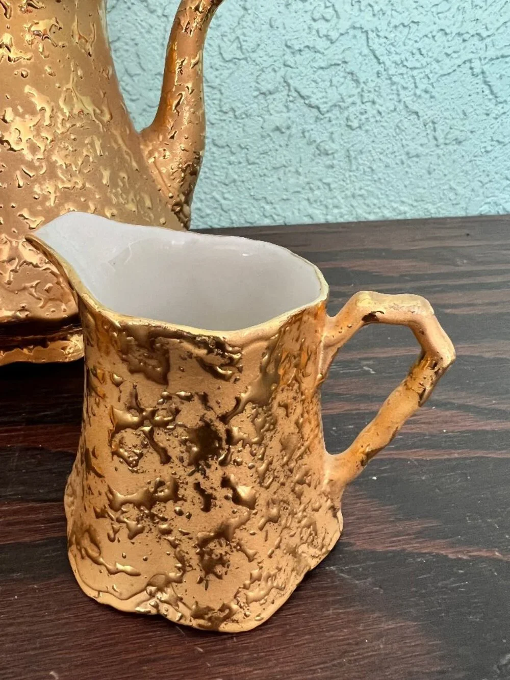 * MINT* Vintage Holley Ross Weeping 22K Gold Tea Set: Teapot, Creamer & Sugar